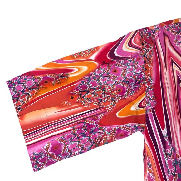 Natori Satin V-Neck Caftan Long Gown Loungewear Pink Orange Abstract Sz Medium - Picture 5 of 8